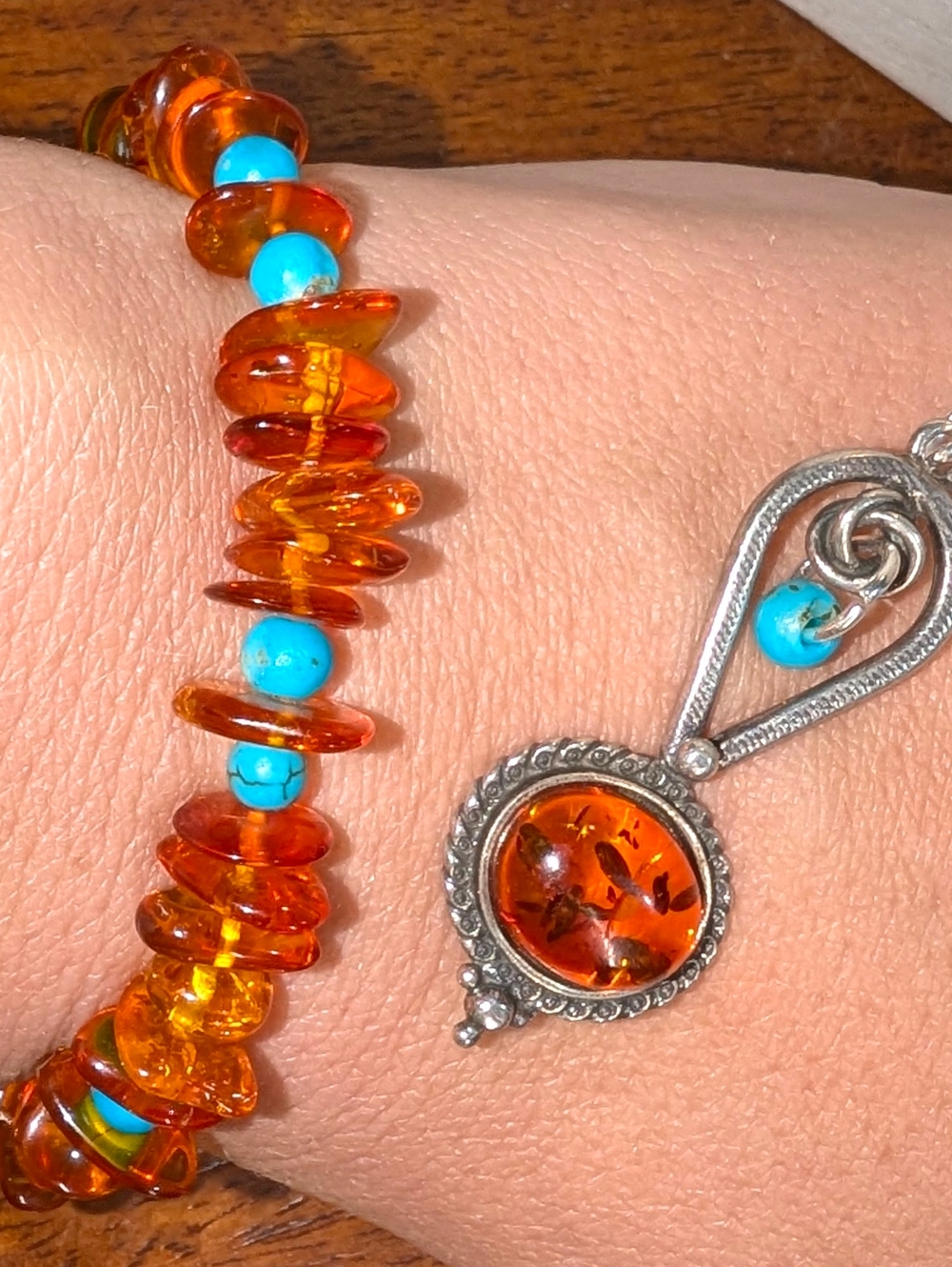 CUSTOM CW Baltic Amber and Turquoise Bracelet with Matching Sterling Pendant